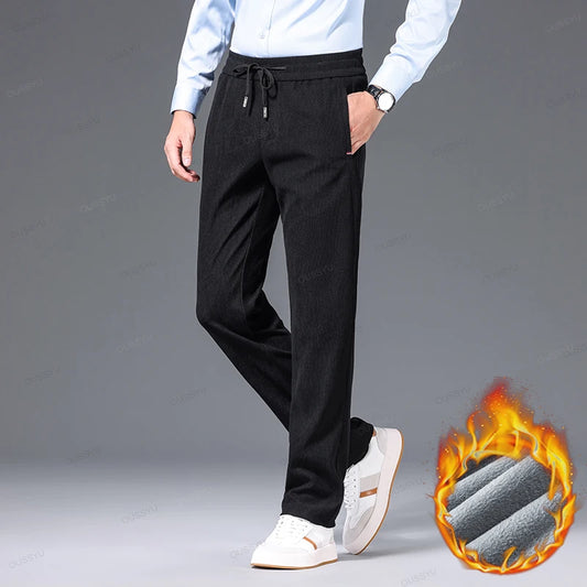 Winter Fleece Warm Thick Pants Men Business Elastic