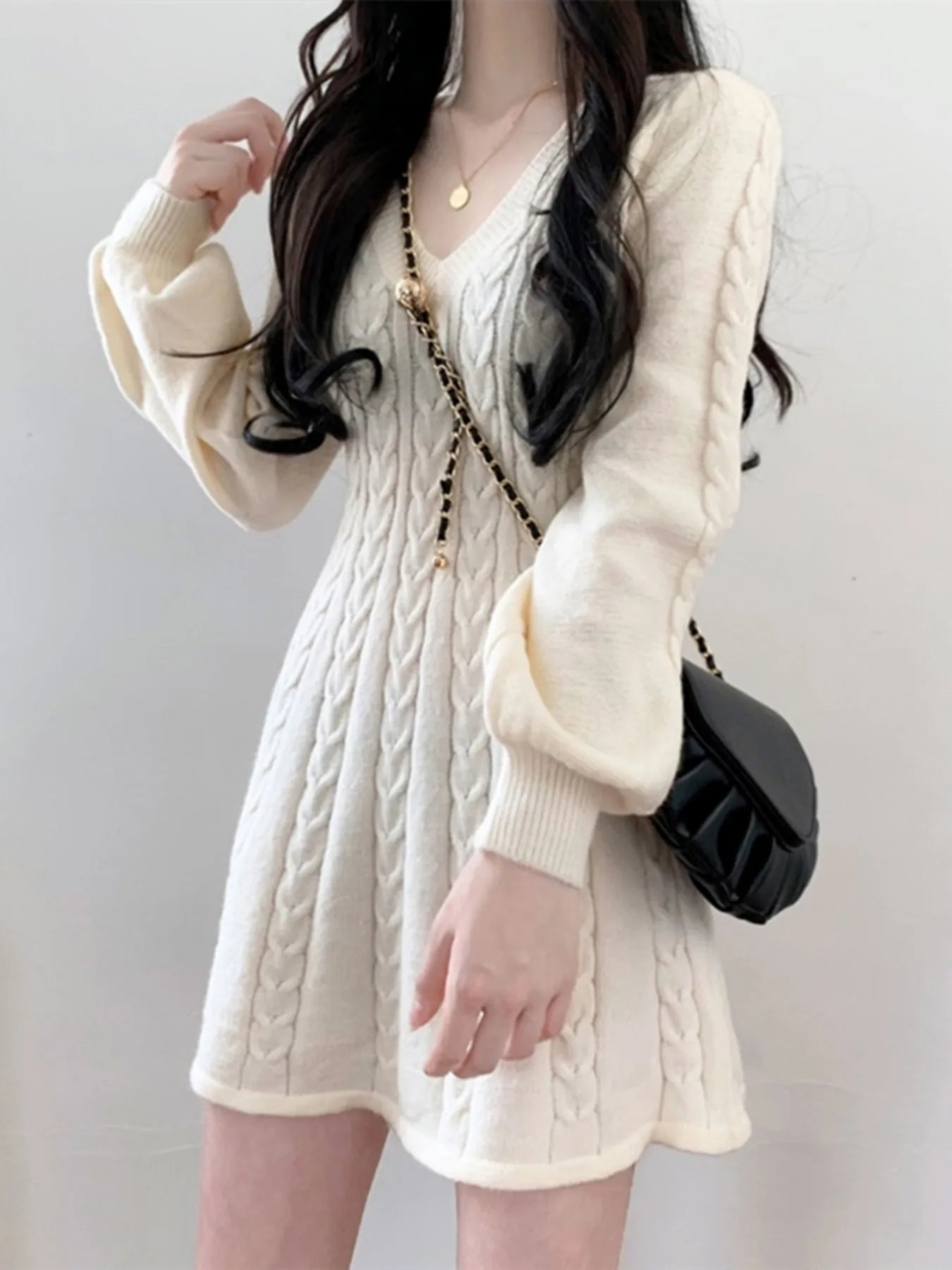 Mini Dress Women Autumn Long Sleeve V-Neck Knitted