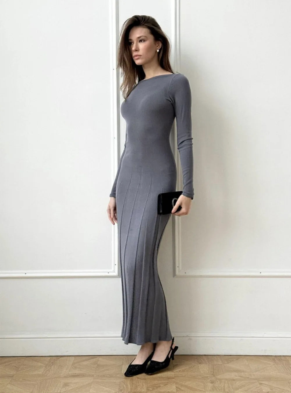 Autumn Winter Long Sleeve Pleated Knitted Maxi Dress