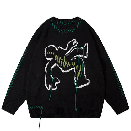 Human Pattern Sweater Crew Neck Baggy Streetwear Autumn Pullover