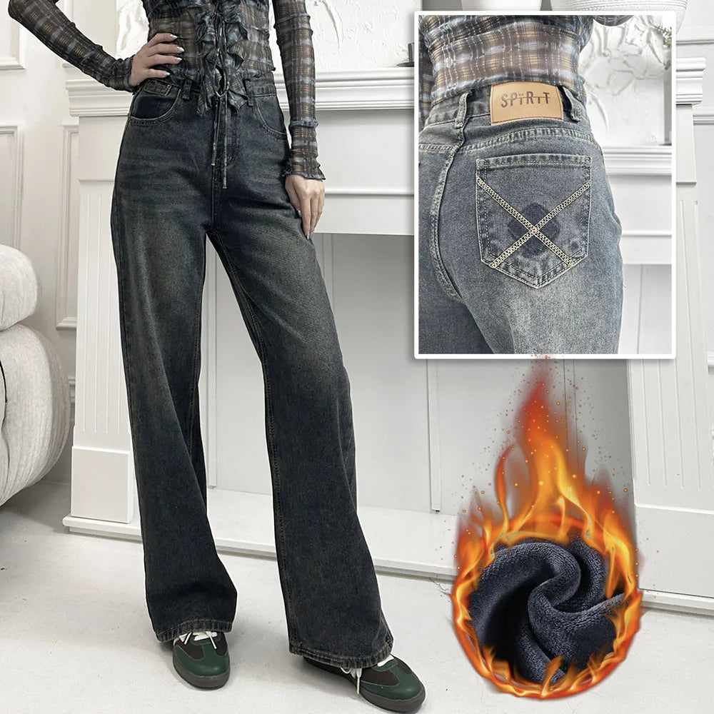 Fleece-lined Straight Denim Pants For Female Autumn Winter