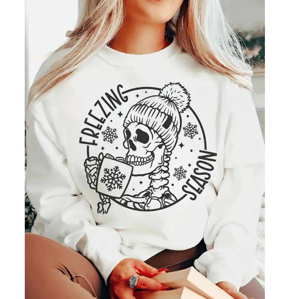 Skull & Freezing Season Print Loose Sweatshirt Casual Women