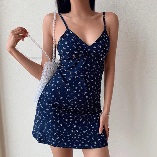 Floral V-Neck Straps Mini Dress Women Y2K