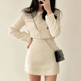 Pearl Buttons Short Jacket + A-line Mini Skirt 2 Piece Sets