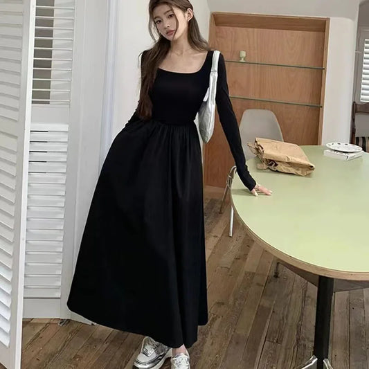 Long Sleeve Black Dress Women Korean Elegant