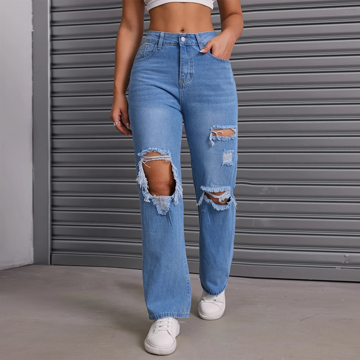 Women's Blue Ripped High Waist Straight Jeans Wide Leg Loose Fit